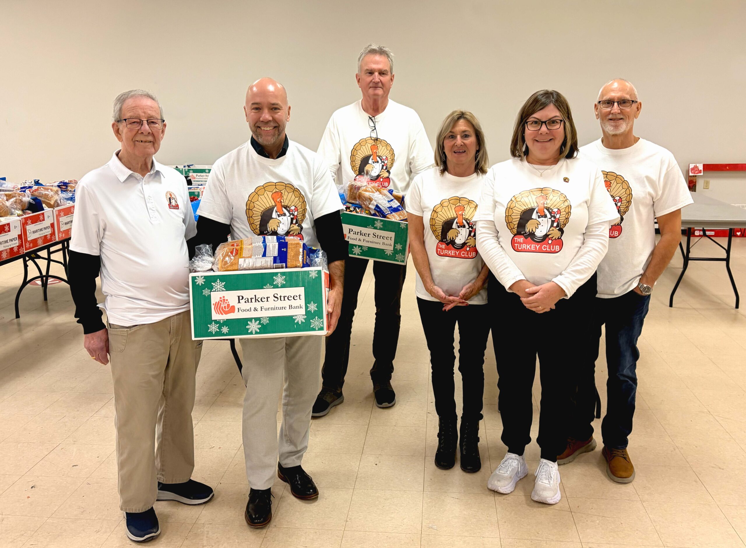 Turkey Club member Mayor Andy Fillmore and Turkey Club Crew volunteers helped out during the 2025 Christmas Turkey Hamper delivery day.

Shown L-R: Jack Hart, Mayor Fillmore, Scott Smith, Ann Louise Kerr, Lynn Yuill and Gerard Giovanetti.